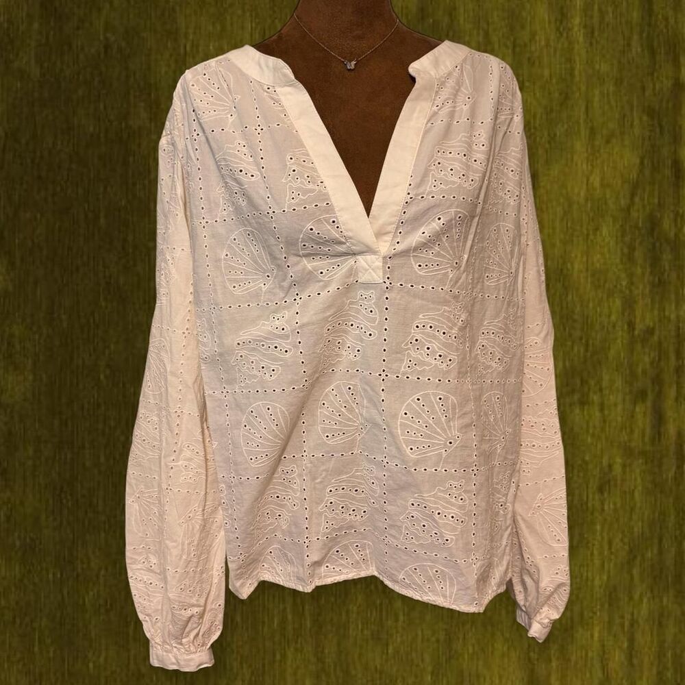 100% Cotton Boho Coastal Minimalist White Eyelet Blouse Top